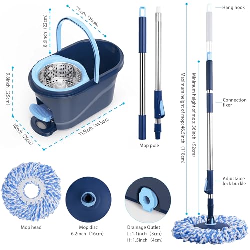 Spin Mop and Bucket with Wringer Set, 360° Rotating Microfiber Mop, Adjustable Handle, Hands-Free Wringing, Reusable Mop Heads (Light Blue mop and Bucket + 5 mop Head) - color: Light Blue Mop and Bucket + 5 Mop Head