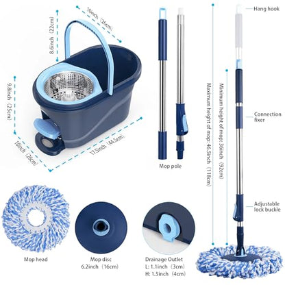 Spin Mop and Bucket with Wringer Set, 360° Rotating Microfiber Mop, Adjustable Handle, Hands-Free Wringing, Reusable Mop Heads (Light Blue mop and Bucket + 5 mop Head) - color: Light Blue Mop and Bucket + 5 Mop Head