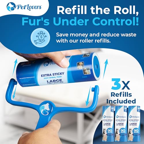 PetLovers 6.3" Large Lint Roller for Pet Hair Extra Sticky 360 Sheets, Ideal for Pet Hair Removal from Furniture & Clothes, Dog and Cat Lint Remover 4 Pack - size: 4 Pack Large Lint Roller