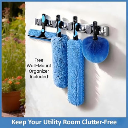 25ft High Ceiling Duster Kits with 5-18ft Heavy Duty Extension Pole - Fan Blade Cleaner, Cobweb Remover & Blue Window Squeegee Kit, Washable Dust Brush for High Roof and Glass Surfaces - size: 18FT