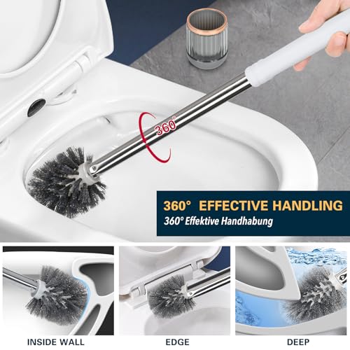 Toilet Bowl Brush and Holder 2 Pack Long Handle Toilet Brush for Bathroom with Separate Base for Floor and Wall Mounted Plastic Toilet Brush Set Under The Rim Household Cleaning (White)