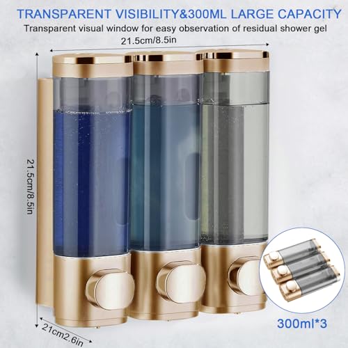 Shower Soap Dispenser Wall Mounted Shampoo and Conditioner Dispenser No Drill 3 Chamber Large Capacity for Bathroom Hotel, Gold - color: Gold