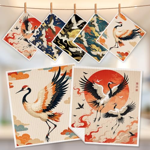 5 Pcs Artistic Red-Crowned Crane Swedish Dishcloths, Red-Crowned Crane Themed Swedish Dishcloth, Artistic Dish Cloths for Drying Dishes, Reusable Cleaning Cloths, Housewarming Gifts for Women - color: Lm 04253