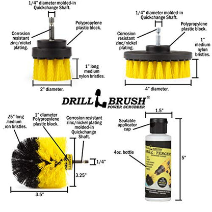 Drillbrush Heavy Duty Grout Cleaner Drill Brush Attachment Set With Drilltergent All Purpose Cleaner - Drill Powered Spin Brush For Cleaning Bathroom Surfaces Like Tile, Grout, Showers, Tubs, and More