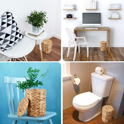 Ctosree 1.3 Gallons Small Trash Can with Lid Handle Boho Woven Braided Bathroom Waste Basket Trash Can with 100 Garbage Bags for Bedroom Office Laundry (Natural, Braided Wicker, Round) - color: Natural, style: Round