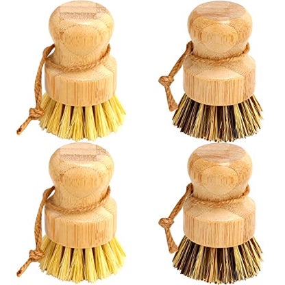 Bamboo Dish Brush Set, 4 Pcs Palm Wooden Dish Scrubber Brush, Dish Brushes, Durable Wood Dishes Scrub Brush, Natural Round Vegetable Cleaning Pots Pans Sink Washing Kitchen Brush by Aisuly - size: 2p Palm+2p Sisal