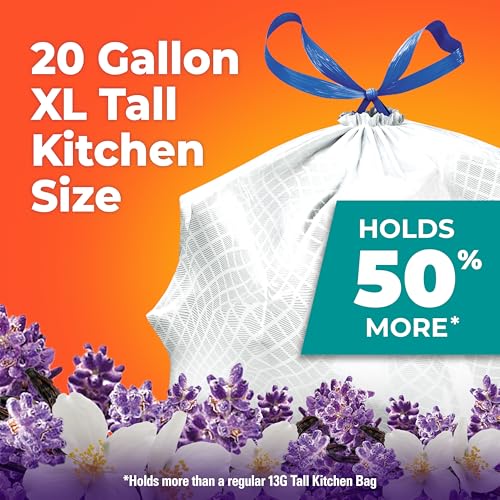 Hefty Ultra Strong 20 Gallon Trash Bags, XL Tall Kitchen Trash Bags 20 Gallon Size, Drawstring Closure, Continuous Odor Control, White, Lavender and Sweet Vanilla Scent, 80 Bags