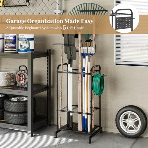 Garden Tool Organizer, Garage Tool Storage Rack, Heavy Duty Metal with Side Pegboard & Adjustable Hooks, Utility Racks for Shed, Patio & Outdoor Use - style: Tool Rack with Side Pegboard & Hooks