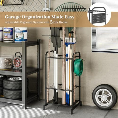 Garden Tool Organizer, Garage Tool Storage Rack, Heavy Duty Metal with Side Pegboard & Adjustable Hooks, Utility Racks for Shed, Patio & Outdoor Use - style: Tool Rack with Side Pegboard & Hooks