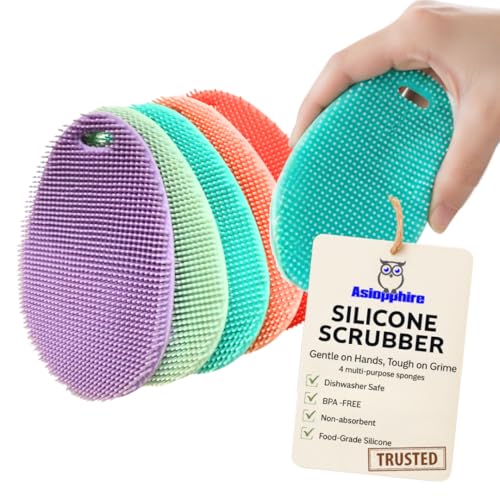 Silicone Sponge Dish Scrubber - Food Grade Silicone Dish Scrubber and Housecleaning - BPA Free Silicone Kitchen Scrubber [5 Pack Ovals Spring] - color: Spring