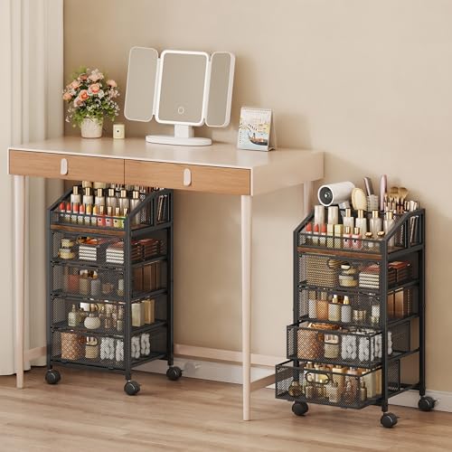 HapiRm Rolling Makeup Organizer Cart- Under Desk Vanity Storage with 4 Drawers, Floor Nail Cart Skincare Organizers Cosmetics Display Cases for Nail Polish Perfume Makeup Brush Hair Tool, Black - color: Black, size: 4 Drawers