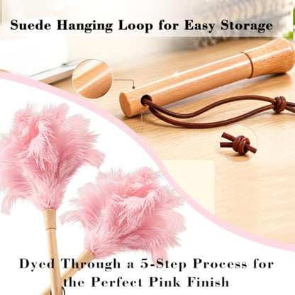 NCEDN Pink Ostrich Feather Duster 32cm – Soft Feather Duster with Wooden Handle for Keyboard, Blinds, Ceiling Fan & Furniture Cleaning - color: Pink