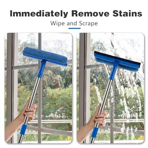 Windows Squeegee 56" Long Handle, 2-in-1 Glass Cleaner with Microfiber Pad and Rubber Blade – Extendable Stainless Steel Squeegee for Shower Doors, Car Windshield, Home Windows and Mirrors