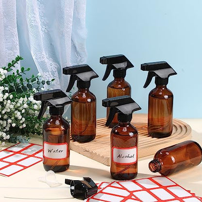 Norme 24 Pcs Glass Spray Bottles with Funnels and Labels 8 oz Refillable Cosmetic Empty Spray Containers with Trigger Squirt Containers for Essential Oil Cleaning Solutions(Brown) - color: Brown
