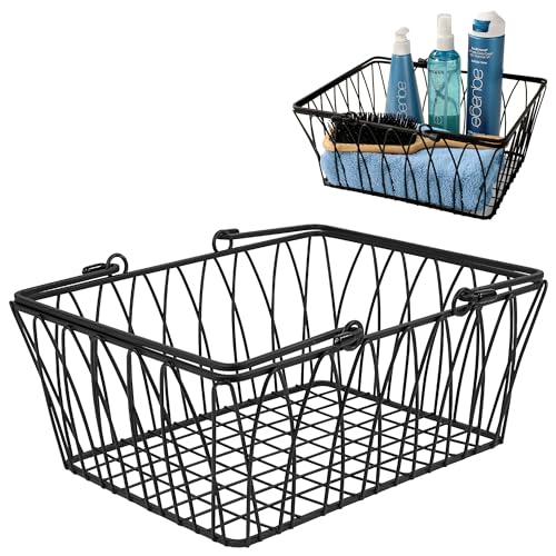 Spectrum Black Wire Basket with Handle Organizer for Kitchen Bathroom Closet Cabinet Storage, Sturdy Farmhouse Twist Wire Metal Pantry Basket with Handles for Home Decor Organization or Gift Basket