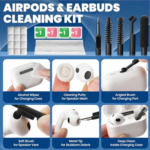 2026 Upgrade Phone Cleaning Kit 47PCS, iPhone Cleaning Kit, Airbuds AirPods Cleaning Kit, Keyboard, Charging Port Cleaner for Apple Lightning/Android USB-C - Includes Putty, Cloth & Wipes (Black) - color: Black (47PCS)