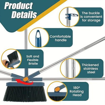 Broom and Dustpan Set, Long Handle Standing Broom with Self-Cleaning Comb Teeth, Heavy Duty Broom Dustpan Combo for Home Kitchen Office Floor Pet Hair Cleaning (Blue) - color: Blue