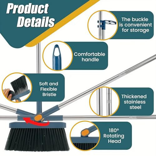 Broom and Dustpan Set, Long Handle Standing Broom with Self-Cleaning Comb Teeth, Heavy Duty Broom Dustpan Combo for Home Kitchen Office Floor Pet Hair Cleaning (Blue) - color: Blue