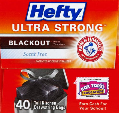 Hefty Ultra Strong 13 Gallon Trash Bags,Black Tall Kitchen Trash Bags 13 Gallon Size,Break Resistant Drawstring Enclosure,Continuous Odor Control,Blackout,Unscented,40-Bags,(Pack of 6) - size: 40 Count (Pack of 6)