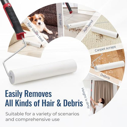 Lint Rollers for Pet Hair Extra Sticky, 9.45" Wide Large Lint Roller, 240 Adhesive Sheets Rollers, 51" Long Handle Sticky Mop for Carpets, Clothing, Floor, Bed, Home Cleaning, Loving Pet Owners - size: 51" (1 Roller + 4 Refills (Wide: 9.45 in)