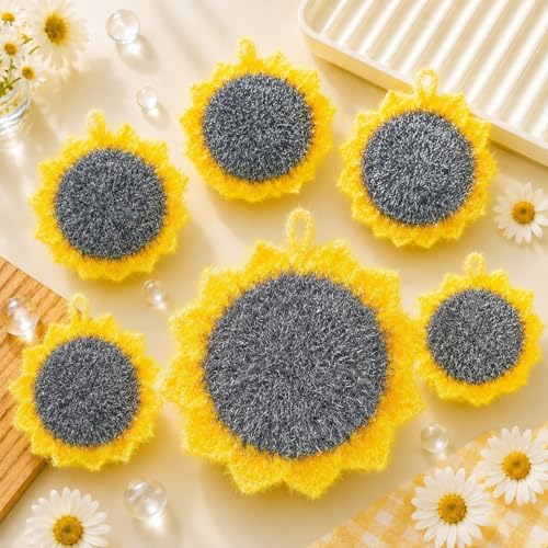 Breling 6 Piecs Fun Sunflower Shape Dish Sponge Gifts Dual Sided Non Scratch Dish Washing Scrubbers, Reusable Household Cleaning Kitchen Tools for Dishwashing Cookware Spring Kitchen Decor - style: Sunflower