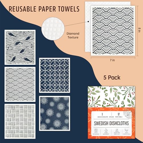 Swedish Dishcloths, 5 Pack Swedish Dishcloths for Kitchen, Super Absorbent, Biodegradable, Quick Drying, Dishwasher Safe - color: 5 Count- Japanese
