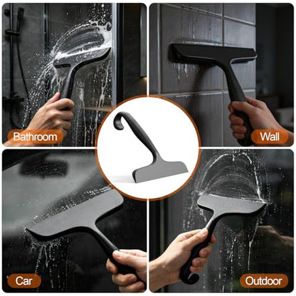Window Squeegee for Shower Doors, Bathroom, Mirror, Black | Non-Slip Grip Handle with built-in hanging hook