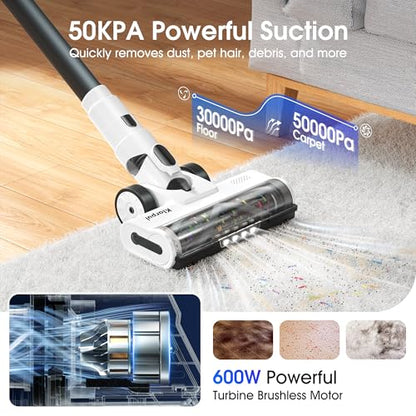 Cordless Vacuum Cleaner, 600W 50KPA 70Mins Runtime Fast Charging Vacuum Cleaner, Self-Standing LED Light Touch Screen Stick Vacuum for Home Light Weight,for Pet Hair/Carpet/Floor, White