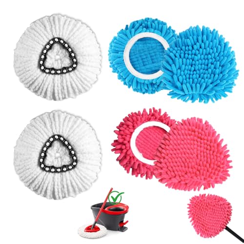 6 Pack Spin Mop Head Replacements Compatible with OCedar Easywring 1 Tank,4 Chenille Duster Mops Pad Refill Compatible with Oceda,Includes 2 PCS Microfiber Mops,White Red Blue,Machine Washable