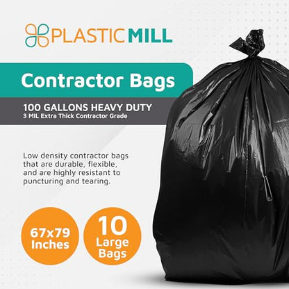 PlasticMill Contractor Bags Heavy Duty - Commercial, Industrial Garbage Bags - Black Construction Trash Bags - Outdoor, Garden Trash Bags, 100-Gallon, 3 Mil, 67"x79" (10-Count) - color: Black