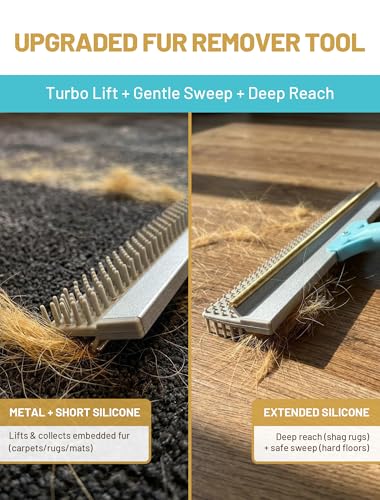 Carpet Rake for Pet Hair Removal: DELOMO Carpet Scraper Broom with 54” Adjustable Long Handle, Dual-Sided, Metal + Short Silicone for Carpets & Rugs, Extended Silicone for Shag Rugs & Hard Floors