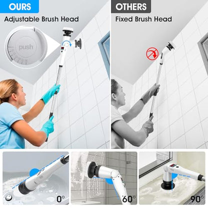 Electric Spin Scrubber, Shower Scrubber with Long Handle, Rechargeable Cordless Power Scrubber, Retractable & Adjustable Angle Spin Brush for Cleaning Bathroom/Tub/Floor/Tile (Black-White+Beige)
