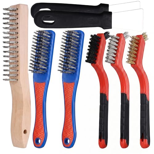 8Pcs Wire Brush Set for Cleaning Rust - Heavy Duty Scratch Brushes with Stainless Steel, Brass, Nylon Bristles and 2 Metal Scrapers, Professional Cleaning Tools for Metal, Slag, Paint and Grill - size: 8Pcs-Wire