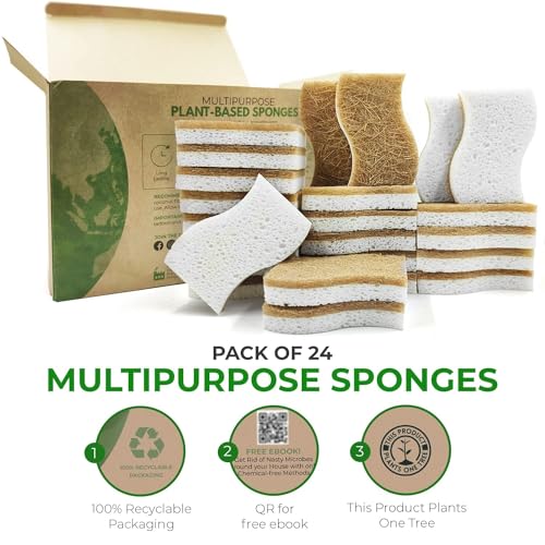 AIRNEX Natural Kitchen Sponges (24 Pack) - Biodegradable Cellulose & Coconut Scrubber Dish Sponges for Kitchen - Eco-Friendly, Non Scratch, Compostable, Non Toxic S-Shaped Natural Sponges for Dishes - size: 24