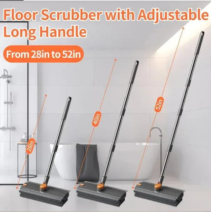4-in-1 Floor Scrub Brush with Squeegee, Adjustable Long Handle 28 to 52 Inches, 90° Rotating Head, Stiff Bristles, for Tile, Concrete, Shower, Deck, Grey