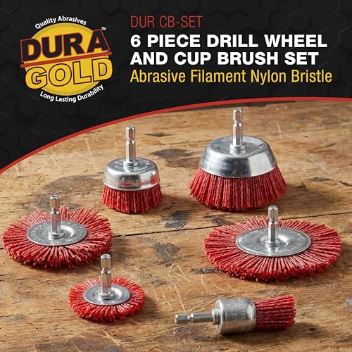 Dura-Gold 6 Piece Abrasive Filament Nylon Bristle Cup Brush Set - 1/4" Hex Drill Shank Arbor, Coarse Grit Angle Grinder Brush for Truck Bed Liner Surface Prep, Sanding, Scuffing, Rust & Paint Removal