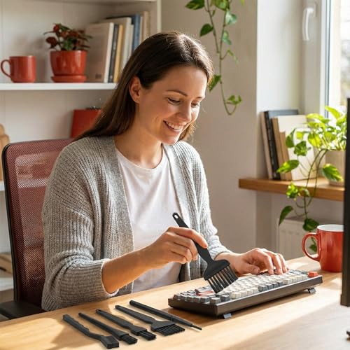 Keyboard Cleaning Kit, 9-Piece Black Detail Brush Set for Keys Vents and Screens, Soft Bristles for Laptop Desktop Office Gear, Compact Storage for Home and Travel Use - size: Large