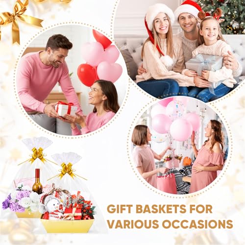 AFOROEOA 10PACK Gold Baskets For Gifts Empty, 10x12” Thick Gift Basket with 10 Bows 10 Bags Empty Gift Baskets for Christmas, Valentine’s Day, Easter, Birthdays, Valentine’s Day Wrapping Gift - color: 10 Gold