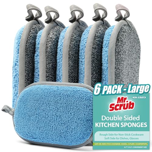 All-Purpose Sponges Kitchen, Non Scratch Dish Sponge for Washing Dishes Cleaning Kitchen, Rough Scrubbers Side for Non-Stick Cookware, Soft Microfiber Scrub Side for Dishes（6 Pack, Large） - color: Grey & Blue, size: 6 Pack - Large