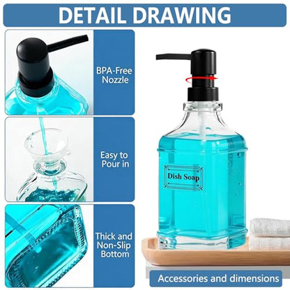 3 Pack Glass Soap Dispenser with Pump, 17oz/500ml Square Refillable Hand and Dish Soap Dispenser for Bathroom Decor & Kitchen Sink, Clear Pump Bottles for Liquid, Lotion (Includes 6 Labels) - size: 17 oz Clear 3Pack