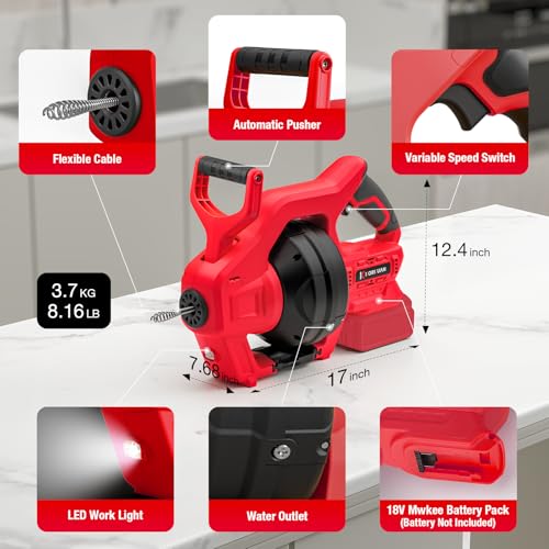 Cordless Electric Drain Auger Compatible with Milwaukee 18V Battery, Auto-Feed Plumbing Drain Snake with 23.62FT Cable, Drain Clog Cleaner Tool for Sink, Toilet, Bathtub, Sewer (Battery Not Included)