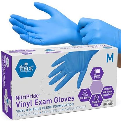 MED PRIDE Nitrile/Vinyl Blend Exam Gloves, Powder-Free, Latex-Free, Disposable, Non-Sterile, Blue, Medium (Box of 100) - size: Medium