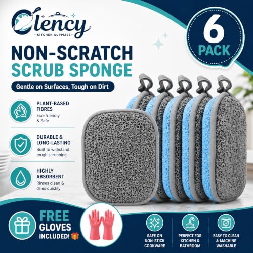 Clency Non-Scratch Kitchen Sponges, 6 Pack Dual-Sided Dish Sponges for Washing Dishes, Safe for Nonstick Cookware, Reusable Scrubber Cleaning Set with 2 Silicone Cleaning Gloves