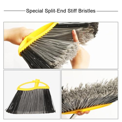 Broom and Dustpan Set, Outdoor Heavy Duty Broom with Stainless Steel Dustpan,Stiff Bristles Broom and Metal Dust Pan for Home