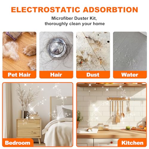 Professional Microfibre Dusters for Cleaning | Duster with Extension 100" | Cobweb Remover Duster Kit with 4 Washable Heads | Bendable Feather Duster for High Ceilings,Fans & Hard-to-Reach Areas,7PCS
