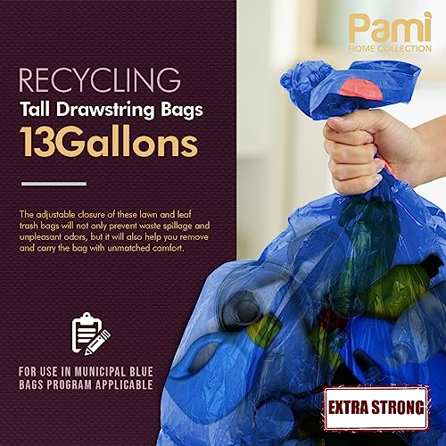 PAMI Recycling Tall Kitchen Drawstring Trash Bags- Extra-Strong Plastic Garbage Bags- Thick Trash Can Liners For Kitchen & Outdoor Bins- 2ft x2ft Unscented Trash Bags (13 Gallon – 60 Count – Blue) - style: 13 Gallon – 60 Count – Blue