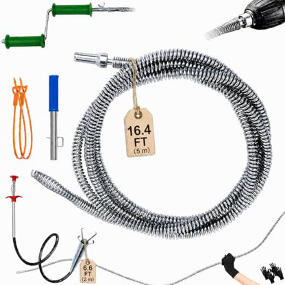 Drain Snake Clog Remover Kit, 16.4Ft / 5M Drain Auger Cable with Auto Feed Tool & Drill Adapter,79 Inch / 2M Grabber Claw, Hair Drain Cleaner for Sink Shower Tub Gutter Downspout