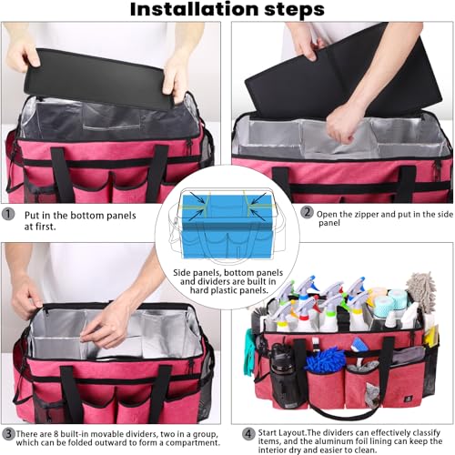 Extra large Cleaning Caddy Bag Built-in Sturdy Support Board, Cleaning Organizer with Detachable Divider, Cleaning Supply Tote with Adjustable Shoulder Strap (Pink, 19'' x 11'' x 11'') - color: Pink