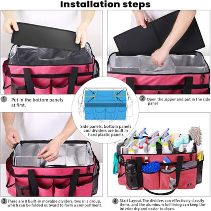 Extra large Cleaning Caddy Bag Built-in Sturdy Support Board, Cleaning Organizer with Detachable Divider, Cleaning Supply Tote with Adjustable Shoulder Strap (Pink, 19'' x 11'' x 11'') - color: Pink