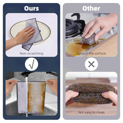 PIPUHA 10 Pack Non-Scratch Stainless Steel Scrubber, Reusable Diamond Weave Scrubber Cloths for Kitchen, Heavy-Duty Metallic Fiber Cleaning Cloth for Cookware, Dishes, Sinks, Easy-Rinse & Quick-Dry
